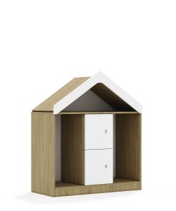 Lentynų spinta dėžėms BLOX Base 110 2PG 2F1 su stogeliu 1049x466x1223 ąžuolo korpusas / 2x baltas fasadas BOX-2PG-3R-2F1-D-OW
