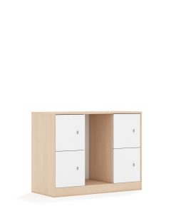 Lentynų spinta dėžėms BLOX Base 110 2PG 4F1 1049x466x813 beržo korpusas / 4x baltas fasadas BOX-2PG-3R-4F1-BW