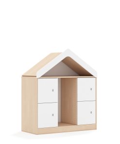 Lentynų spinta dėžėms BLOX Base 110 2PG 4F1 su stogeliu 1049x466x1223 beržo korpusas / 4x baltas fasadas BOX-2PG-3R-4F1-D-BW