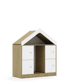 Lentynų spinta dėžėms BLOX Base 110 2PG 4F1 su stogeliu 1049x466x1223 ąžuolo korpusas / 4x baltas fasadas BOX-2PG-3R-4F1-D-OW