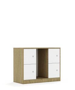 Lentynų spinta dėžėms BLOX Base 110 2PG 4F1 1049x466x813 ąžuolo korpusas / 4x baltas fasadas BOX-2PG-3R-4F1-OW