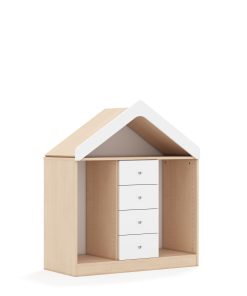 Lentynų spinta dėžėms BLOX Base 110 2PG 4SS su stogeliu 1049x466x1223 beržo korpusas / 4x baltas stalčius BOX-2PG-3R-4SS-D-BW