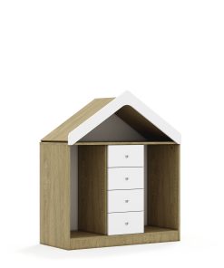 Lentynų spinta dėžėms BLOX Base 110 2PG 4SS su stogeliu 1049x466x1223 ąžuolo korpusas / 4x baltas stalčius BOX-2PG-3R-4SS-D-OW
