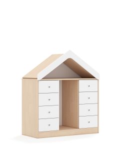 Lentynų spinta dėžėms BLOX Base 110 2PG 8SB su stogeliu 1049x466x1223 beržo korpusas / 8x baltas stalčius BOX-2PG-3R-8SB-D-BW