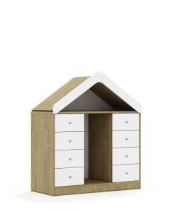 Lentynų spinta dėžėms BLOX Base 110 2PG 8SB su stogeliu 1049x466x1223 ąžuolo korpusas / 8x baltas stalčius BOX-2PG-3R-8SB-D-OW