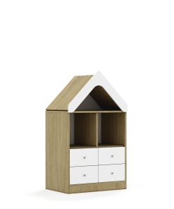 Lentynų spinta BLOX Base 70 2PP 4SB su stogeliu 706x466x1223 ąžuolo korpusas / 4x baltas stalčius BOX-2PP-2R-4SB-D-OW