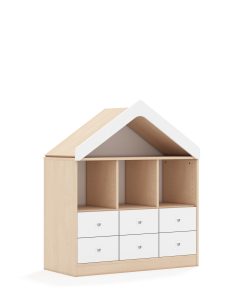 Lentynų spinta BLOX Base 110 2PP 4SB 2SS su stogeliu 1049x466x1223 beržo korpusas / 6x baltas stalčius BOX-2PP-3R-4SB-2SS-D-BW