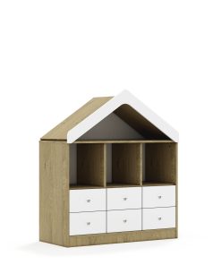 Lentynų spinta BLOX Base 110 2PP 4SB 2SS su stogeliu 1049x466x1223 ąžuolo korpusas / 6x baltas stalčius BOX-2PP-3R-4SB-2SS-D-OW