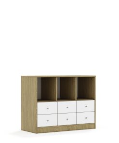 Lentynų spinta BLOX Base 110 2PP 4SB 2SS 1049x466x813 ąžuolo korpusas / 6x baltas stalčius BOX-2PP-3R-4SB-2SS-OW