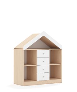 Lentynų spinta BLOX Base 110 2PP 4SS su stogeliu 1049x466x1223 beržo korpusas / 4x baltas stalčius BOX-2PP-3R-4SS-D-BW