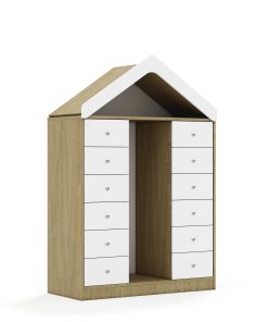 Lentynų spinta dėžėms BLOX Base 110 3PG 12SB su stogeliu 1049x466x1575 ąžuolo korpusas / 12x baltas stalčius BOX-3PG-3R-12SB-D-OW