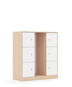 Lentynų spinta dėžėms BLOX Base 110 3PG 6F1 1049x466x1165 beržo korpusas / 6x baltas fasadas BOX-3PG-3R-6F1-BW