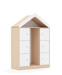 Lentynų spinta dėžėms BLOX Base 110 3PG 6F1 su stogeliu 1049x466x1575 beržo korpusas / 6x baltas fasadas BOX-3PG-3R-6F1-D-BW
