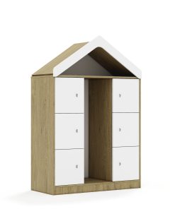 Lentynų spinta dėžėms BLOX Base 110 3PG 6F1 su stogeliu 1049x466x1575 ąžuolo korpusas / 6x baltas fasadas BOX-3PG-3R-6F1-D-OW
