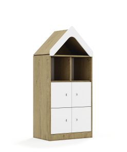 Lentynų spinta BLOX Base 70 3PP 4F1 su stogeliu 706x466x1575 ąžuolo korpusas / 4x baltas fasadas BOX-3PP-2R-4F1-D-OW