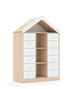 Lentynų spinta BLOX Base 110 3PP 12SB su stogeliu 1049x466x1575 beržo korpusas / 12x baltas stalčius BOX-3PP-3R-12SB-D-BW