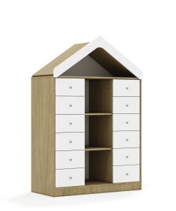 Lentynų spinta BLOX Base 110 3PP 12SB su stogeliu 1049x466x1575 ąžuolo korpusas / 12x baltas stalčius BOX-3PP-3R-12SB-D-OW
