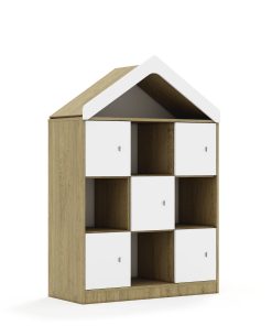 Lentynų spinta BLOX Base 110 3PP 5F1 su stogeliu 1049x466x1575 ąžuolo korpusas / 5x baltas fasadas BOX-3PP-3R-5F1-D-OW