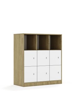 Lentynų spinta BLOX Base 110 3PP 6F1 1049x466x1165 ąžuolo korpusas / 6x baltas fasadas BOX-3PP-3R-6F1-OW