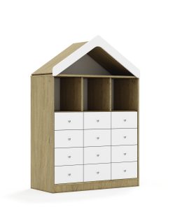 Lentynų spinta BLOX Base 110 3PP 8SB 4SS su stogeliu 1049x466x1575 ąžuolo korpusas / 12x baltas stalčius BOX-3PP-3R-8SB-4SS-D-OW
