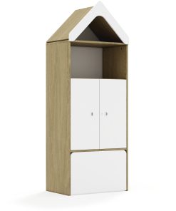 Lentynų spinta BLOX Base 70 4P 2F2 su dėže ir stogeliu 706x466x1927 ąžuolo korpusas / 2x baltas fasadas BOX-4P-2R-2F2-SD-OW