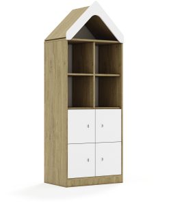 Lentynų spinta BLOX Base 70 4PP 4F1 su stogeliu 706x466x1927 ąžuolo korpusas / 4x baltas fasadas BOX-4PP-2R-4F1-D-OW