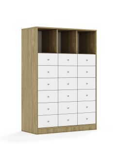 Lentynų spinta BLOX Base 110 4PP 12SB 6SS 1049x466x1517 ąžuolo korpusas / 18x baltas stalčius BOX-4PP-3R-12SB-6SS-OW