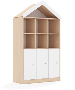 Lentynų spinta BLOX Base 110 4PP 3F2 su stogeliu 1049x466x1927 beržo korpusas / 3x baltas fasadas BOX-4PP-3R-3F2-D-BW