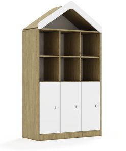 Lentynų spinta BLOX Base 110 4PP 3F2 su stogeliu 1049x466x1927 ąžuolo korpusas / 3x baltas fasadas BOX-4PP-3R-3F2-D-OW