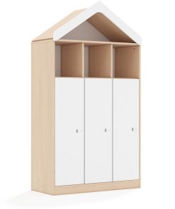 Lentynų spinta BLOX Base 110 4PP 3F3 su stogeliu 1049x466x1927 beržo korpusas / 3x baltas fasadas BOX-4PP-3R-3F3-D-BW