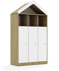 Lentynų spinta BLOX Base 110 4PP 3F3 su stogeliu 1049x466x1927 ąžuolo korpusas / 3x baltas fasadas BOX-4PP-3R-3F3-D-OW