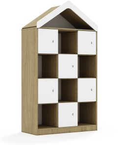 Lentynų spinta BLOX Base 110 4PP 6F1 su stogeliu 1049x466x1927 ąžuolo korpusas / 6x baltas fasadas BOX-4PP-3R-6F1-D-OW