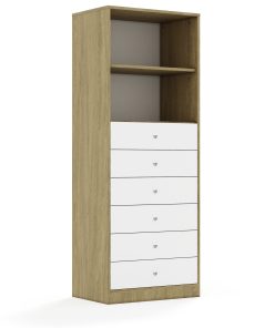 Lentynų spinta BLOX Base 70 5P 6S 706x466x1869 ąžuolo korpusas / 6x baltas stalčius BOX-5P-2R-6S-OW